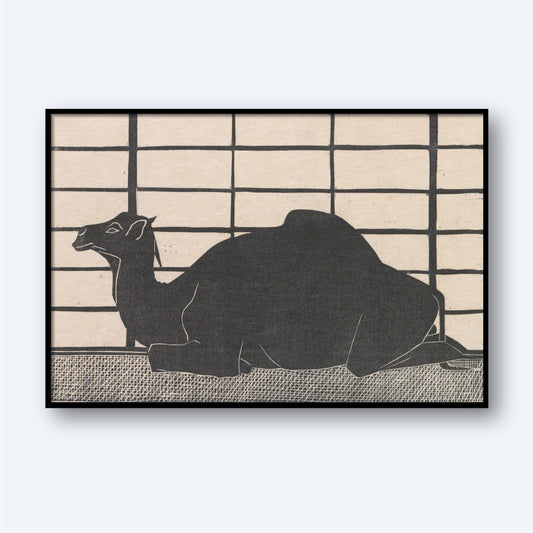 The artwork titled "Dromedaris - Samuel Jessurun de Mesquita" features a simple black and white depiction of a resting dromedary camel set against a grid-like background. The prominent silhouette of the camel, defined by minimalistic and bold lines, pays homage to the minimalist style characteristic of Dutch artist Samuel Jessurun de Mesquita.