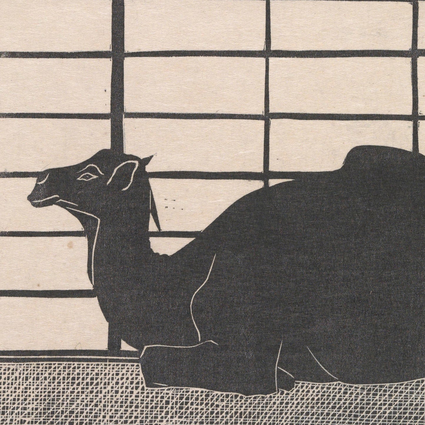 A black silhouette of a dromedary camel lying down against a beige background with rectangular grid patterns. The artwork, named "Dromedaris - Samuel Jessurun de Mesquita," has a textured, abstract style with a minimalist approach, reminiscent of Dutch art.
