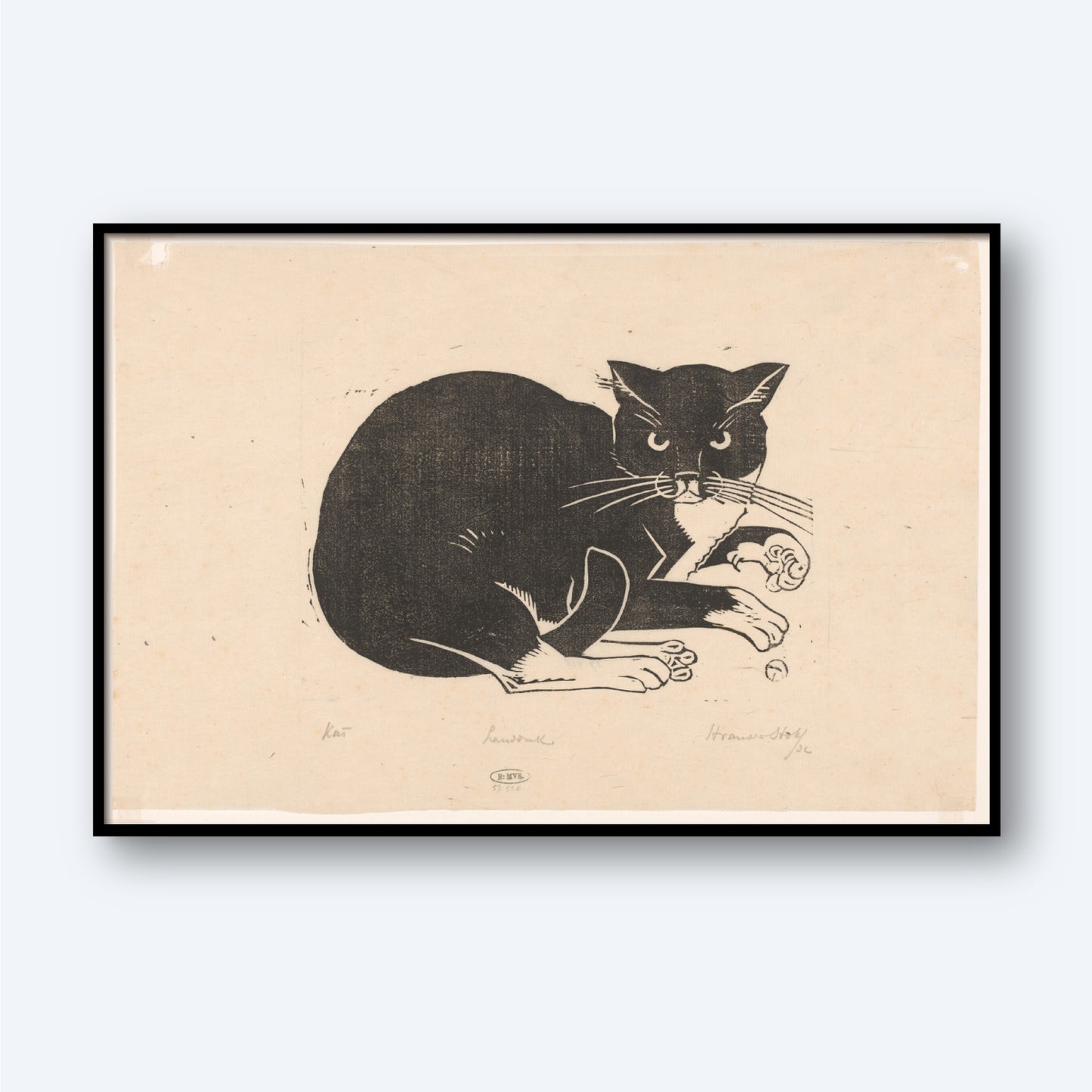The framed wall art "Cat by Henri van der Stok" showcases a black and white illustration of an angry cat. The cat is depicted with an arched back, raised paw, and a fierce expression against a plain beige background, accompanied by illegible handwritten notes near its legs.