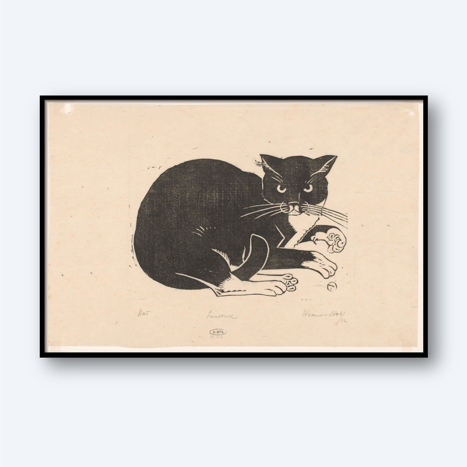 The framed wall art "Cat by Henri van der Stok" showcases a black and white illustration of an angry cat. The cat is depicted with an arched back, raised paw, and a fierce expression against a plain beige background, accompanied by illegible handwritten notes near its legs.