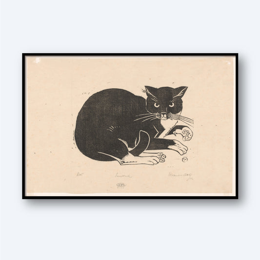The framed wall art "Cat by Henri van der Stok" showcases a black and white illustration of an angry cat. The cat is depicted with an arched back, raised paw, and a fierce expression against a plain beige background, accompanied by illegible handwritten notes near its legs.