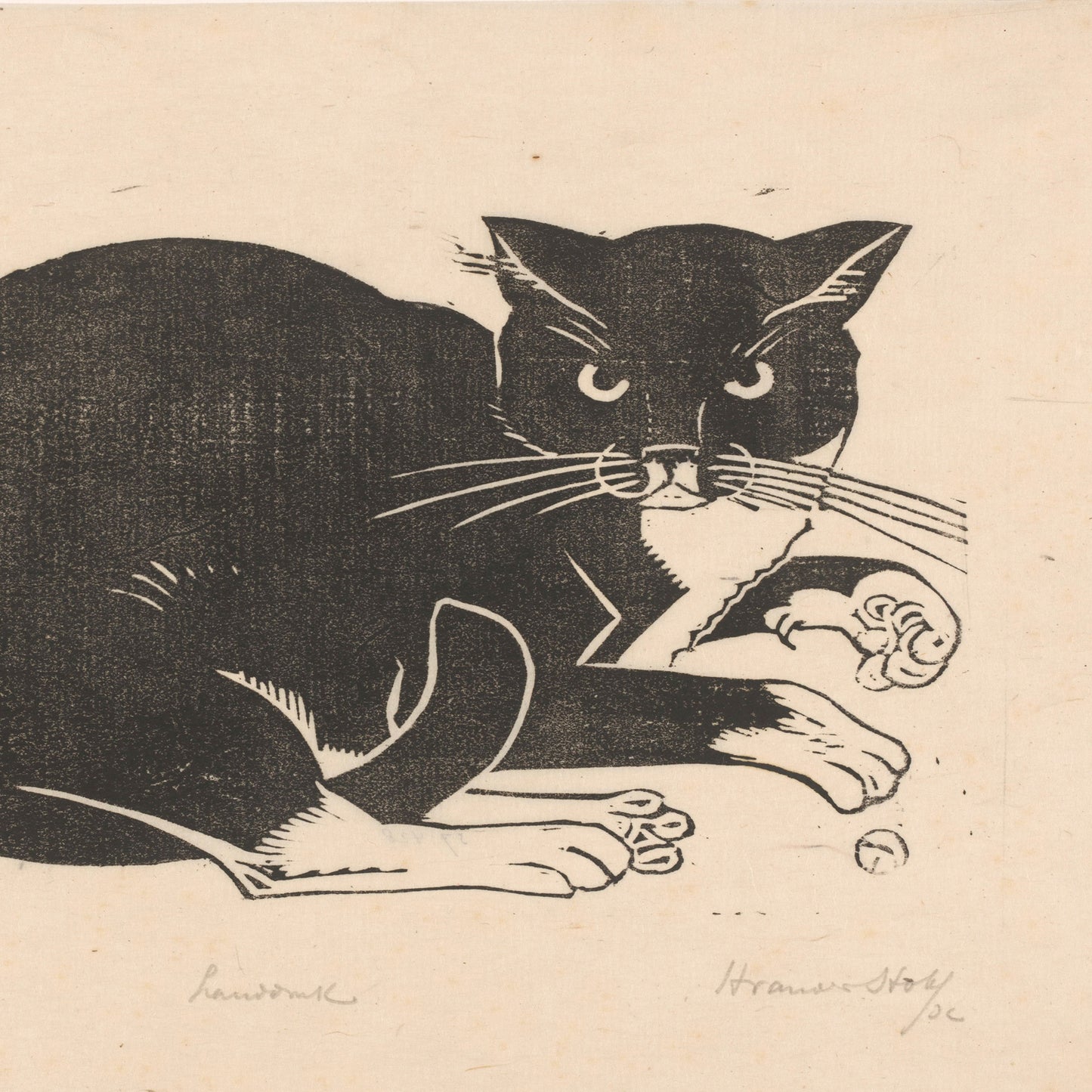 The "Cat by Henri van der Stok" is a black and white woodblock print depicting a stylized cat with large eyes and a curled tail. The feline is shown lying down with one paw stretched forward and the other tucked under its body, making it perfect wall art for enthusiasts of unique illustrations.