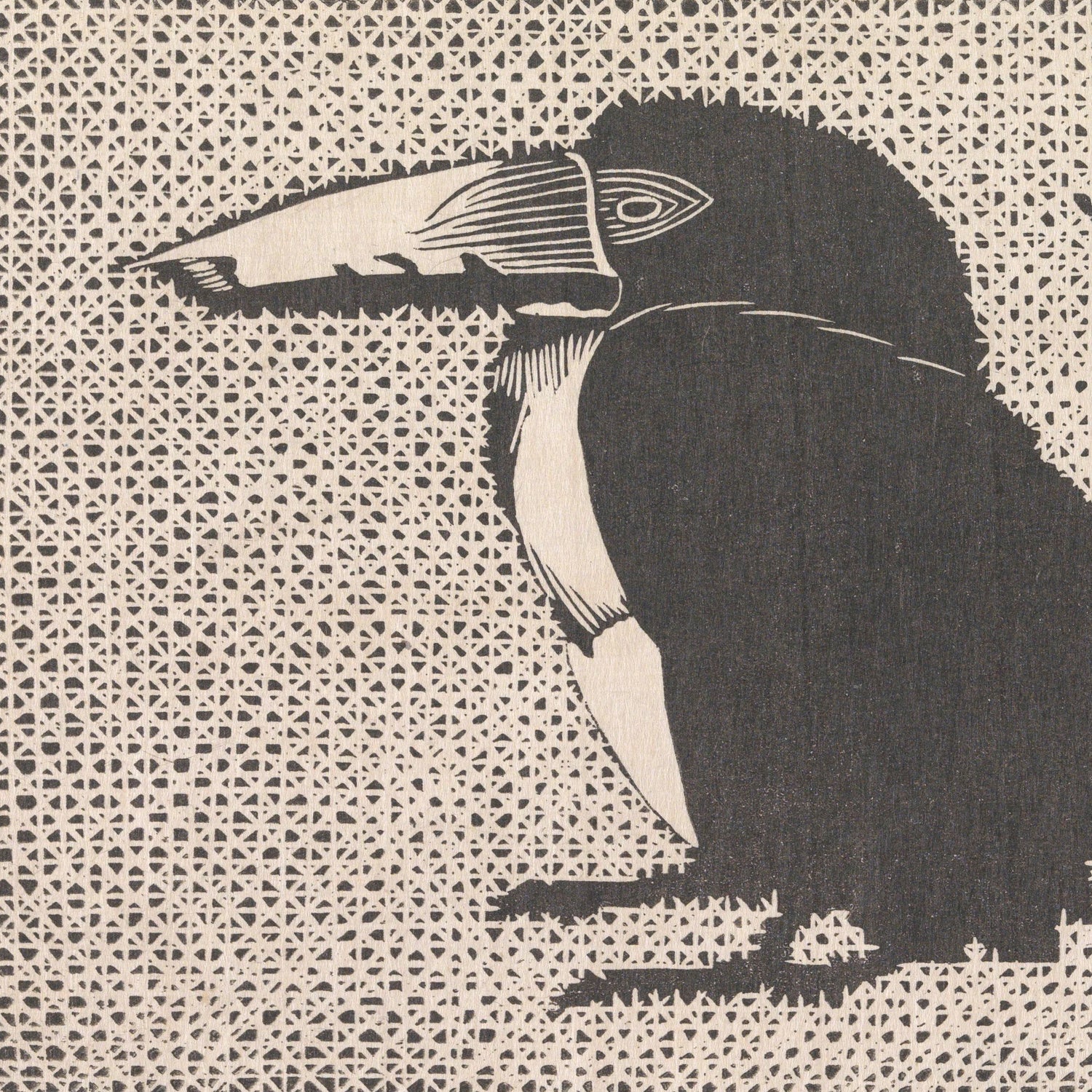 The product called "Toucan by Samuel de Mesquita - Vintage Print" features a black and white woodcut illustration of a bird with a large beak, resembling either a toucan or a raven. Against a textured background filled with small triangles, the vintage print captures the essence of Samuel Jessurun de Mesquita's style. The bird is depicted facing left, with intricate details highlighting its prominent beak and feathers.