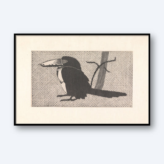 The "Toucan by Samuel de Mesquita - Vintage Print" features a black-and-white illustration of a toucan with a large beak perched on a branch against a dotted background. This vintage print, styled in the manner of Samuel Jessurun de Mesquita, is framed in a simple black frame and mounted on a light-colored wall.