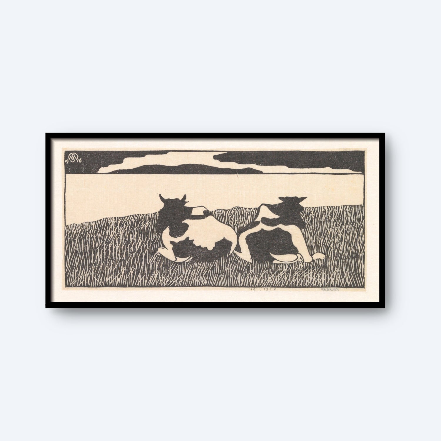 The framed "Cows" print by Samuel Jessurun de Mesquita captures the essence of rural life with its black-and-white artwork, depicting two cows lying side by side in a grassy field under a cloudy sky. The simplified, almost abstract style enhances the tranquil and bucolic scene.