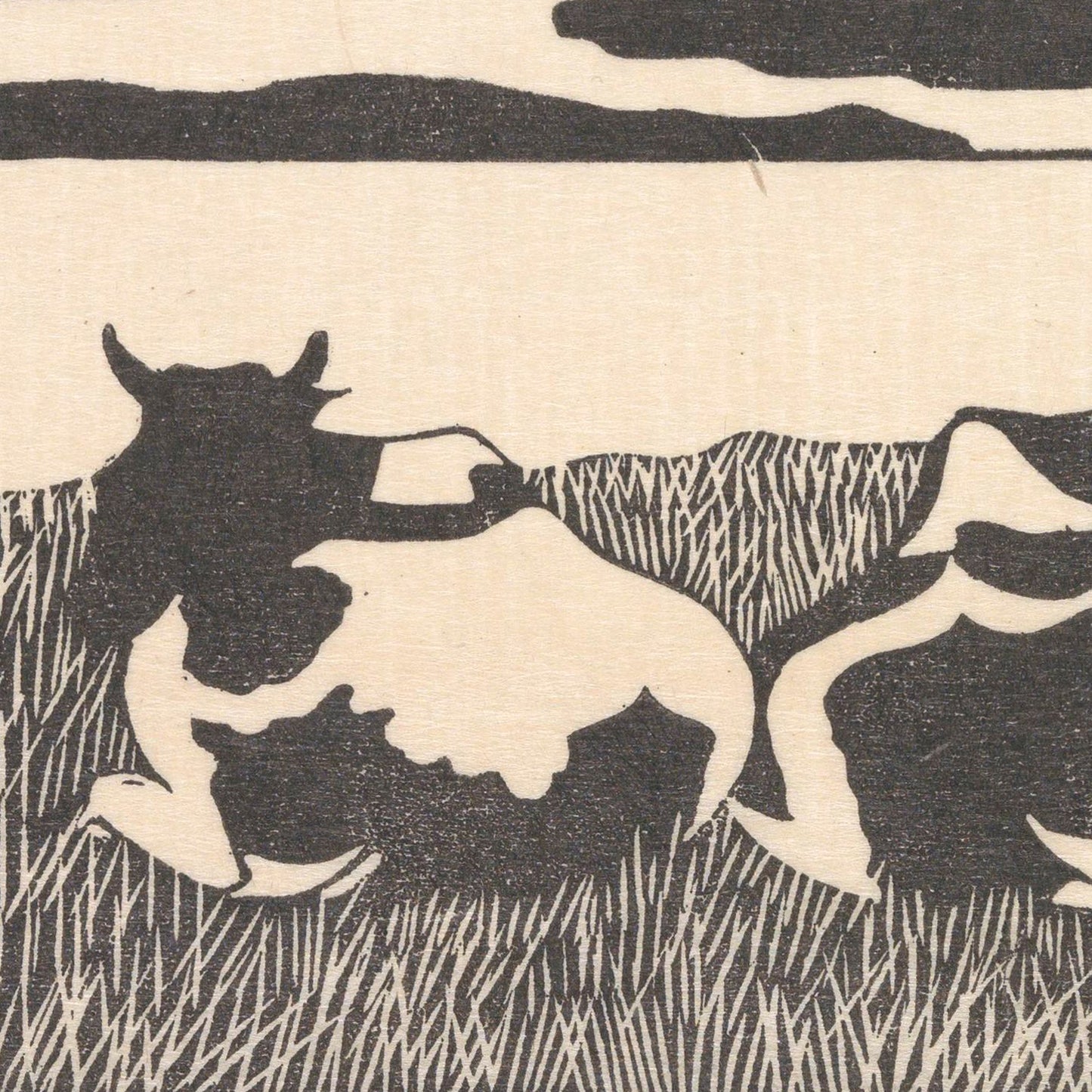The monochrome woodcut artwork "Cows by Samuel Jessurun de Mesquita Print" features two cows lying on grass against a serene landscape backdrop. The cows are depicted in silhouette with minimal detail, emphasizing contrast and texture. This print captures the essence of rural life, highlighted by a stark horizontal line that suggests a horizon.