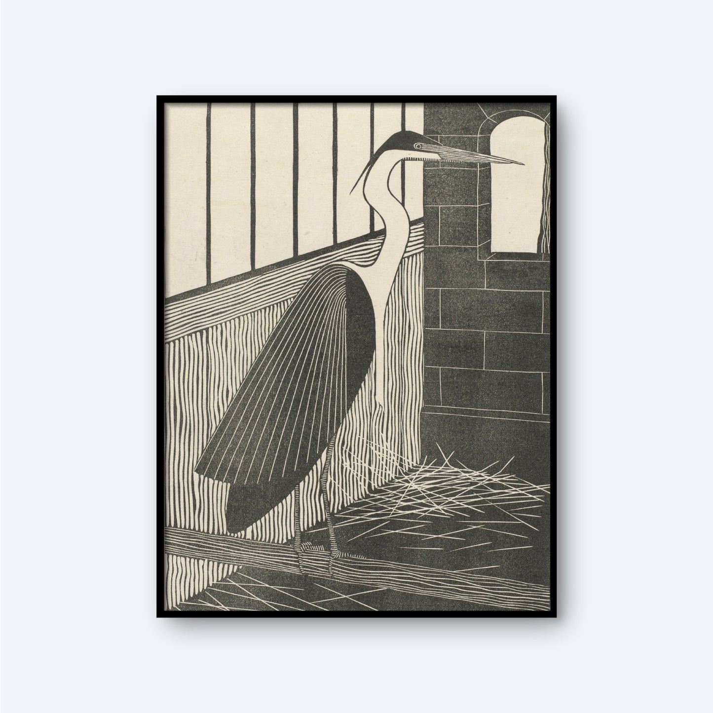 The Giant Threator by Samuel Jessurun de Mesquita is a vintage print artwork featuring a black and white heron standing indoors with its beak open. Positioned near a barred window and a bricked wall, the heron stands on straw scattered on the ground. The piece showcases a minimalistic and linear style.