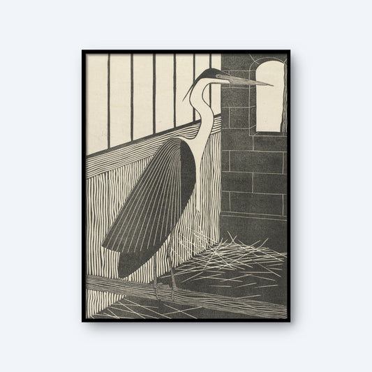 The Giant Threator by Samuel Jessurun de Mesquita is a vintage print artwork featuring a black and white heron standing indoors with its beak open. Positioned near a barred window and a bricked wall, the heron stands on straw scattered on the ground. The piece showcases a minimalistic and linear style.