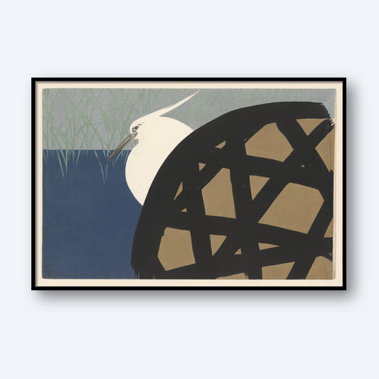 The "White Heron 1909 Vintage Print by Kamisaka Sekka" features framed artwork of a white heron with a sharp beak and long neck, set against blue water and green reeds. The foreground displays an abstract, lattice-like pattern in black and tan. This minimalist, stylized design evokes the elegance of vintage Japanese art.
