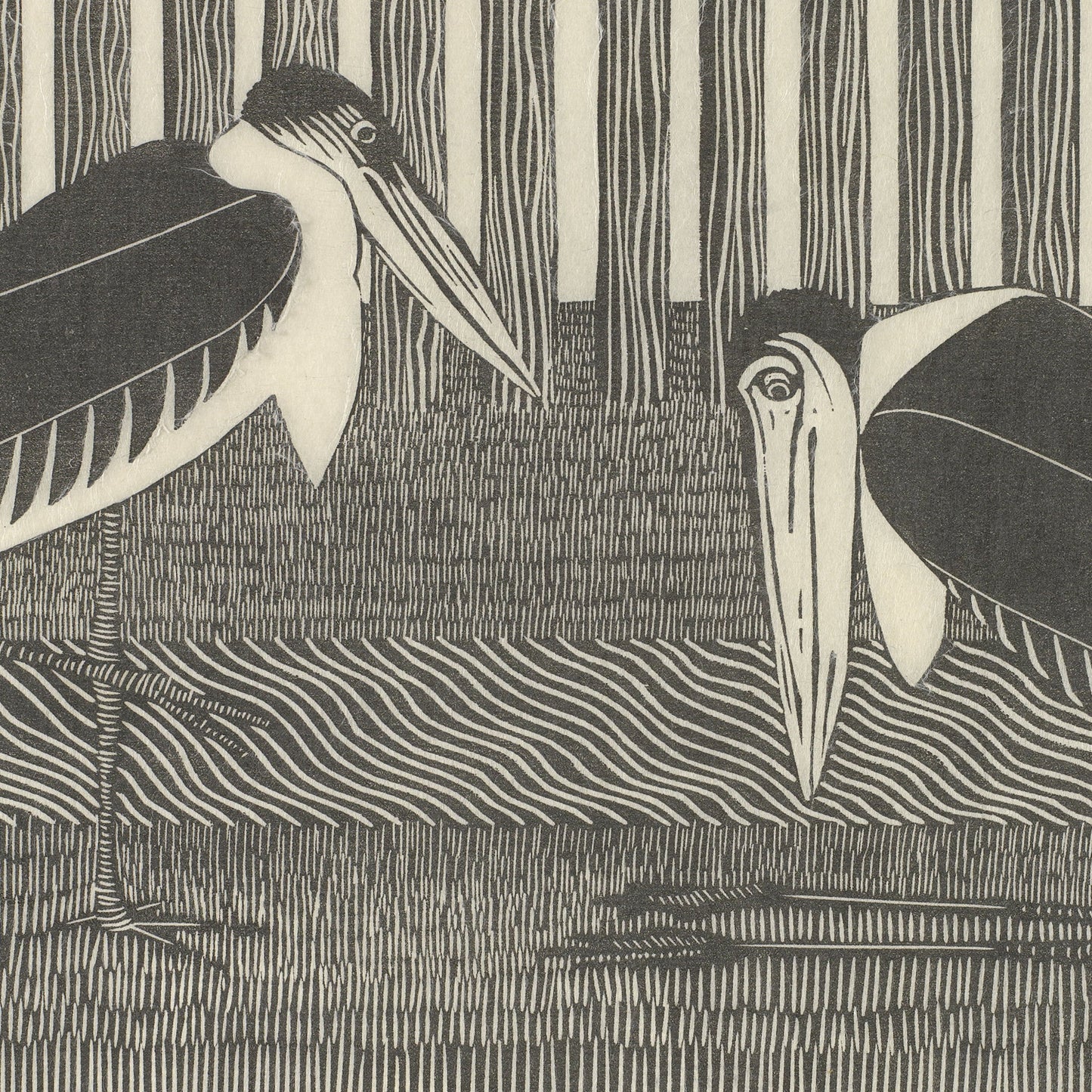 The artwork "Two Marabou" by Samuel Jessurun de Mesquita is a monochromatic illustration reminiscent of a vintage print, featuring two large storks with their heads bowed, standing in a dense forest. The tall, vertically striped trees in the background add to the intricate pattern and texture of the scene.
