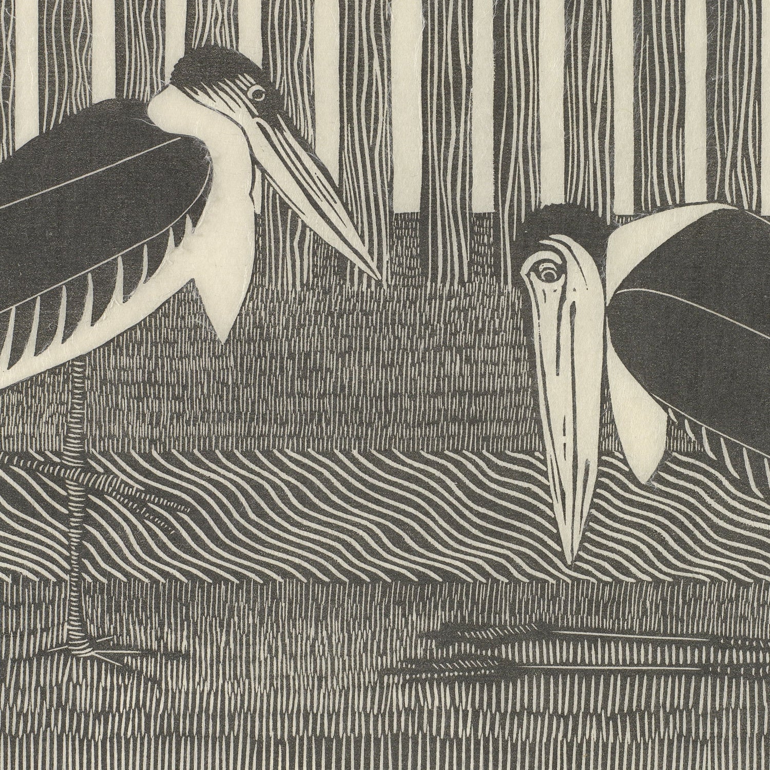 The artwork "Two Marabou" by Samuel Jessurun de Mesquita is a monochromatic illustration reminiscent of a vintage print, featuring two large storks with their heads bowed, standing in a dense forest. The tall, vertically striped trees in the background add to the intricate pattern and texture of the scene.