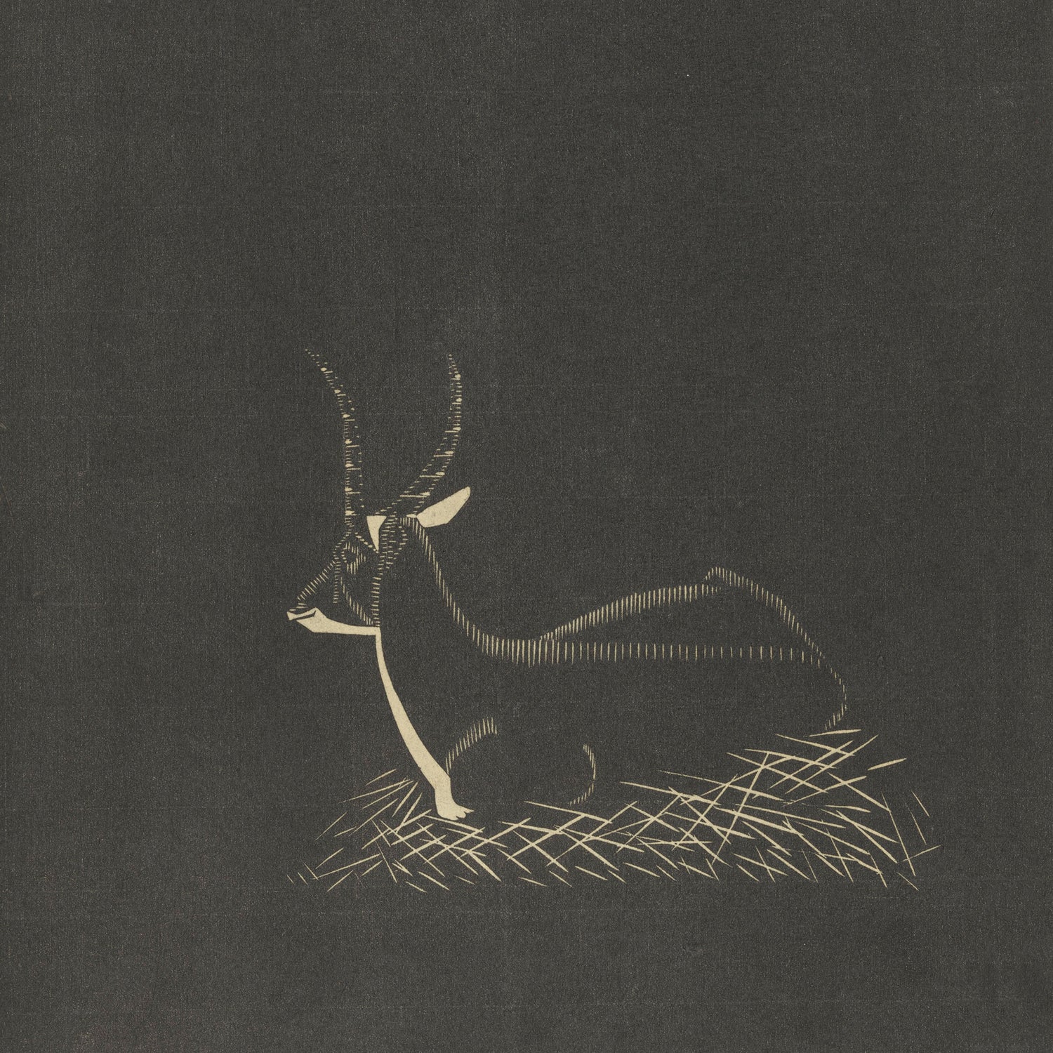 The minimalist, monochromatic "Deer by Samuel Jessurun de Mesquita Print" features a serene depiction of a sitting deer with elegantly curved horns. The light outline of the deer contrasts sharply against the dark, solid background. Resting on a patch of grass, this piece adds texture to the otherwise natural world art composition.