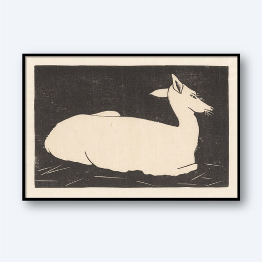 The "Hornless Deer by Samuel Jessurun de Mesquita Print" features a minimalist black and white depiction of a reclining horse, characterized by a simplistic, almost abstract design that echoes the wildlife art style of Samuel Jessurun de Mesquita. The image shows the horse lying on a horizontal surface within a rectangular black border, presented in a black frame against a plain light background.