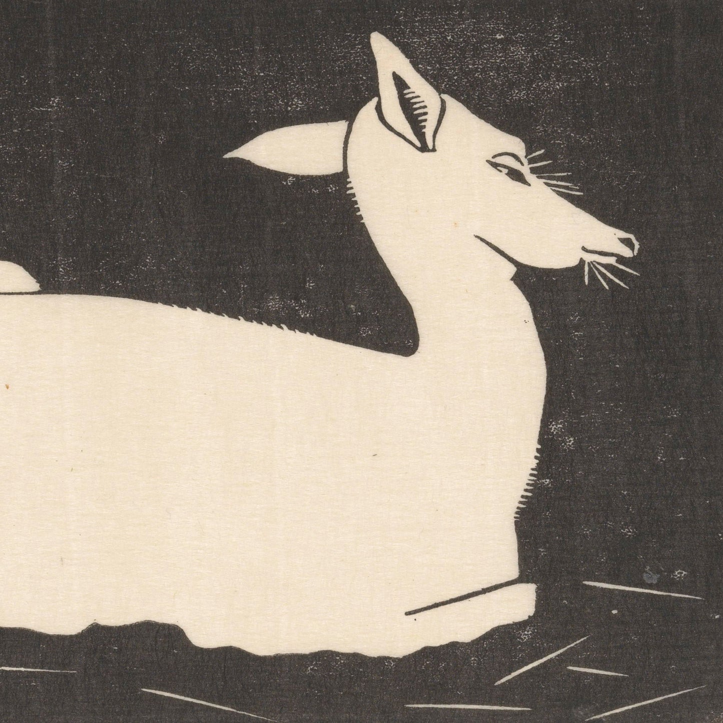 The Hornless Deer by Samuel Jessurun de Mesquita Print showcases a minimalist artwork featuring a white silhouette of a contemplative, hornless deer against a black background. The intricately outlined body of the animal appears to be resting on the ground, exemplifying exquisite wildlife art.