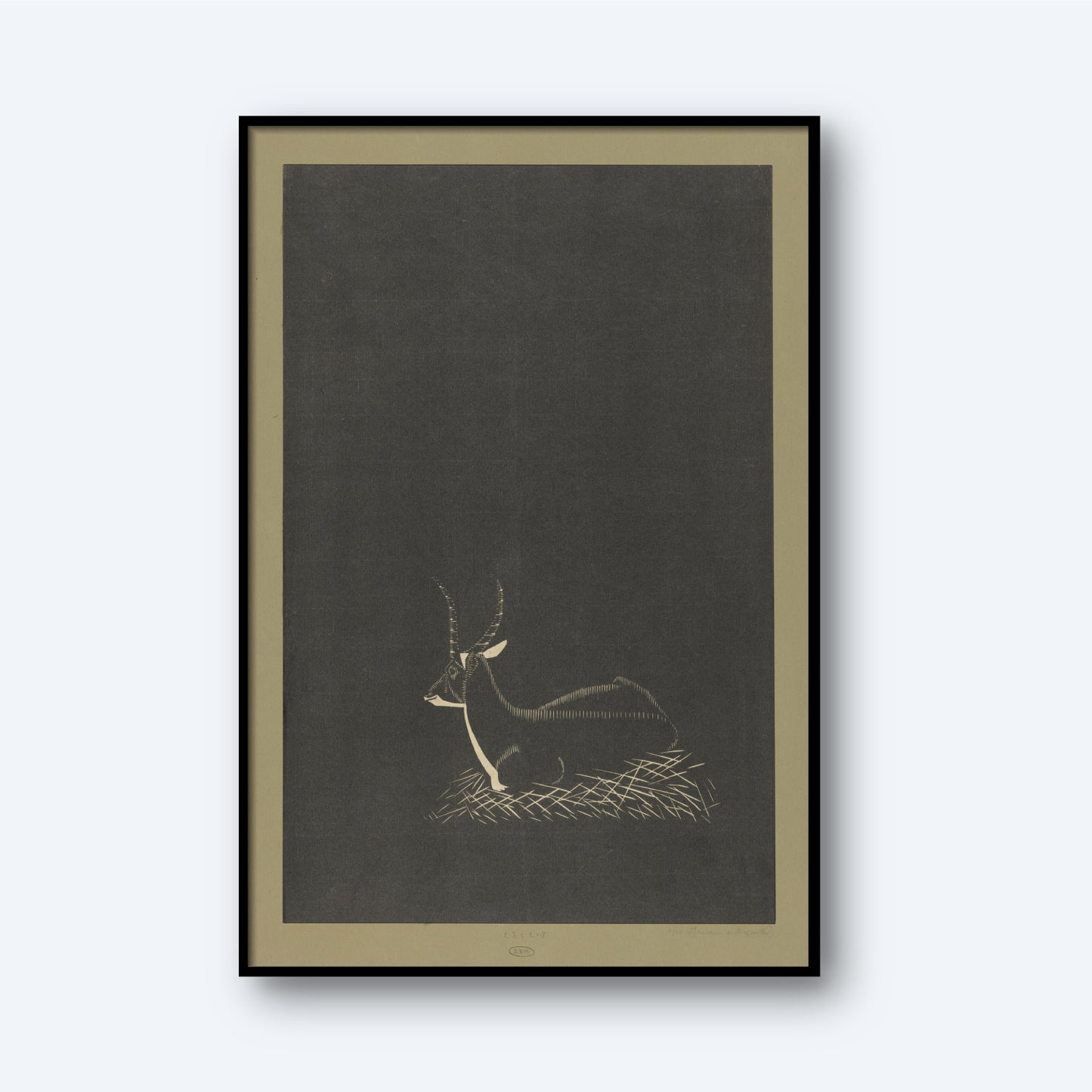 The "Deer by Samuel Jessurun de Mesquita Print" captures the essence of natural world art, depicting a reclining deer drawn with simple, clean lines on a dark background. The artwork highlights the animal lying calmly on some grass, with its horns and body outlined delicately in a style reminiscent of Samuel Jessurun de Mesquita.