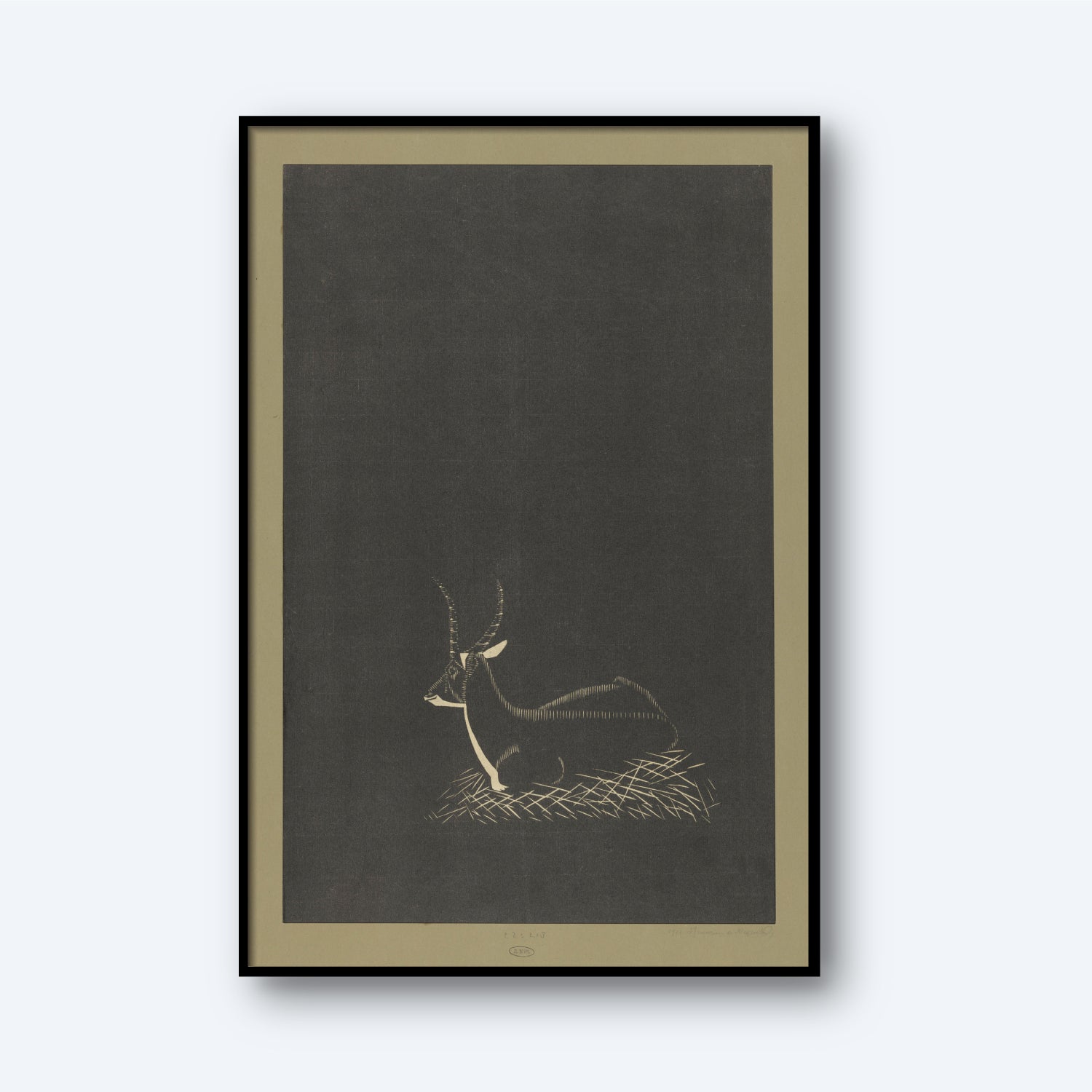 The "Deer by Samuel Jessurun de Mesquita Print" captures the essence of natural world art, depicting a reclining deer drawn with simple, clean lines on a dark background. The artwork highlights the animal lying calmly on some grass, with its horns and body outlined delicately in a style reminiscent of Samuel Jessurun de Mesquita.