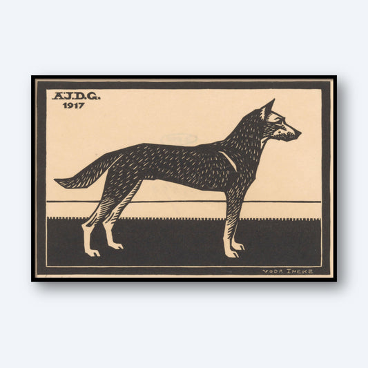 A black and white illustration of a dog standing on all four legs, facing right, evocative of Julie de Graag's minimalist art. The background is plain with a horizontal line representing the ground. The text "A.J.D.G. 1917" is inscribed in the top left corner, and "Voda Inneke" is signed at the bottom right. This caption perfectly describes the Dog by Julie Graag Print.