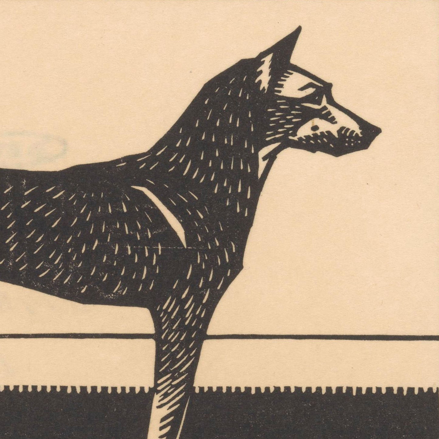 The "Dog by Julie de Graag Print" features a black and white woodcut illustration of a dog standing in profile view. This minimalist artwork captures the essence of an attentive dog, looking towards the right. The detailed line work is reminiscent of Julie de Graag's style, showcasing the texture of the dog's fur and its alert posture.