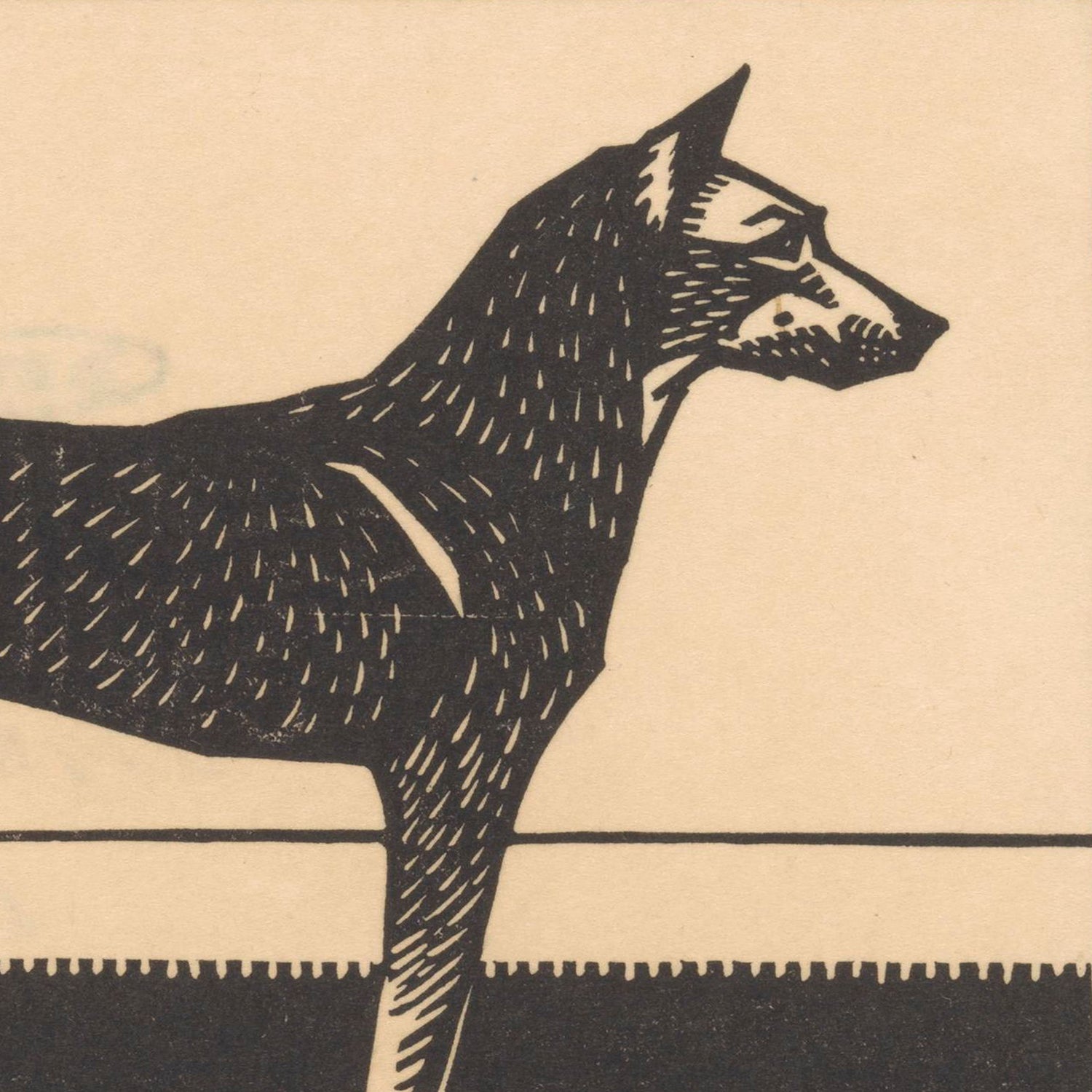 The "Dog by Julie de Graag Print" features a black and white woodcut illustration of a dog standing in profile view. This minimalist artwork captures the essence of an attentive dog, looking towards the right. The detailed line work is reminiscent of Julie de Graag's style, showcasing the texture of the dog's fur and its alert posture.