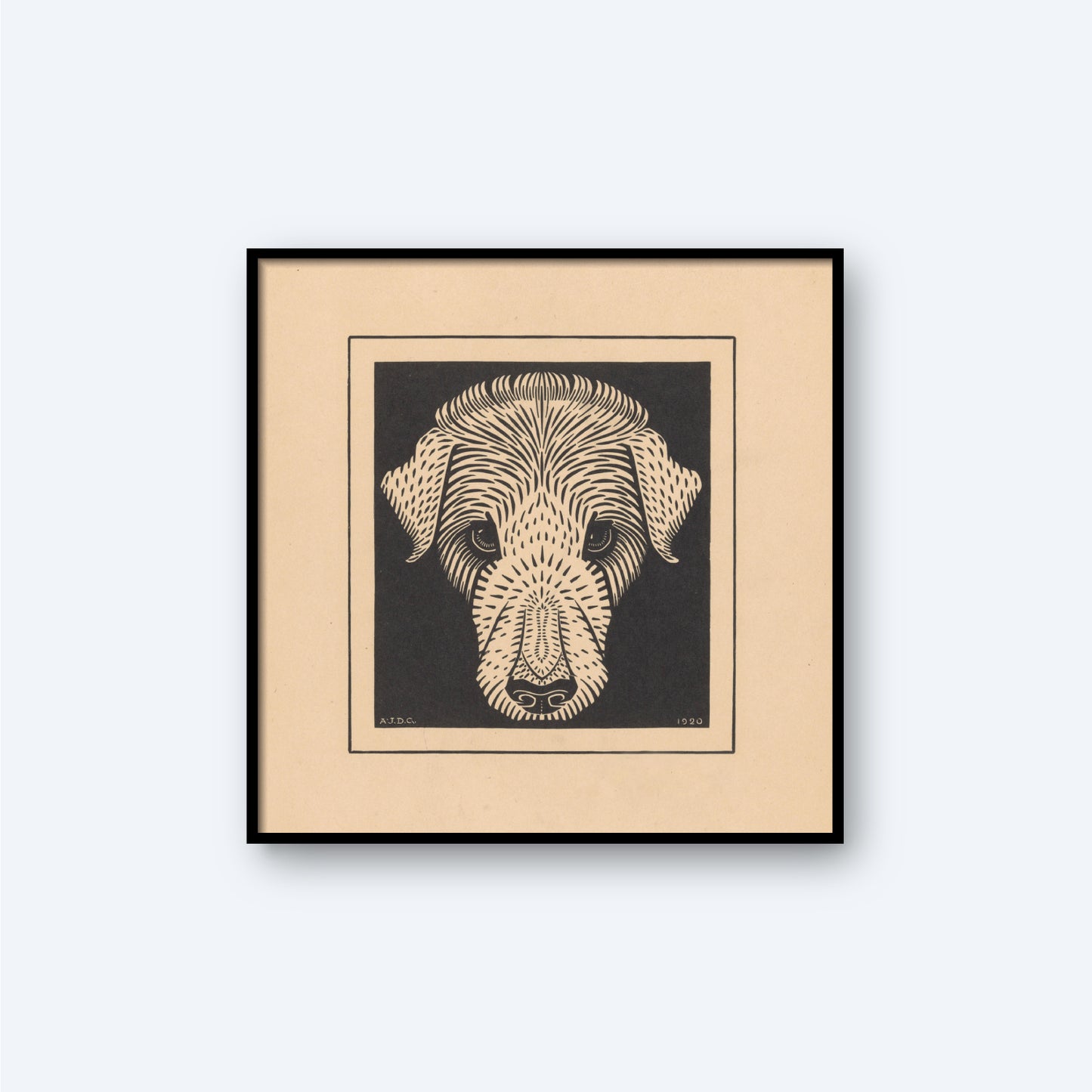 The Dog's Head by Julie de Graag Print is a framed artwork showcasing a stylized, black-and-white illustration of a dog's head. The textured, almost abstract appearance is achieved through intricate lines and shading, set against a light beige background that contrasts beautifully with the dark lines of this minimalist art piece.