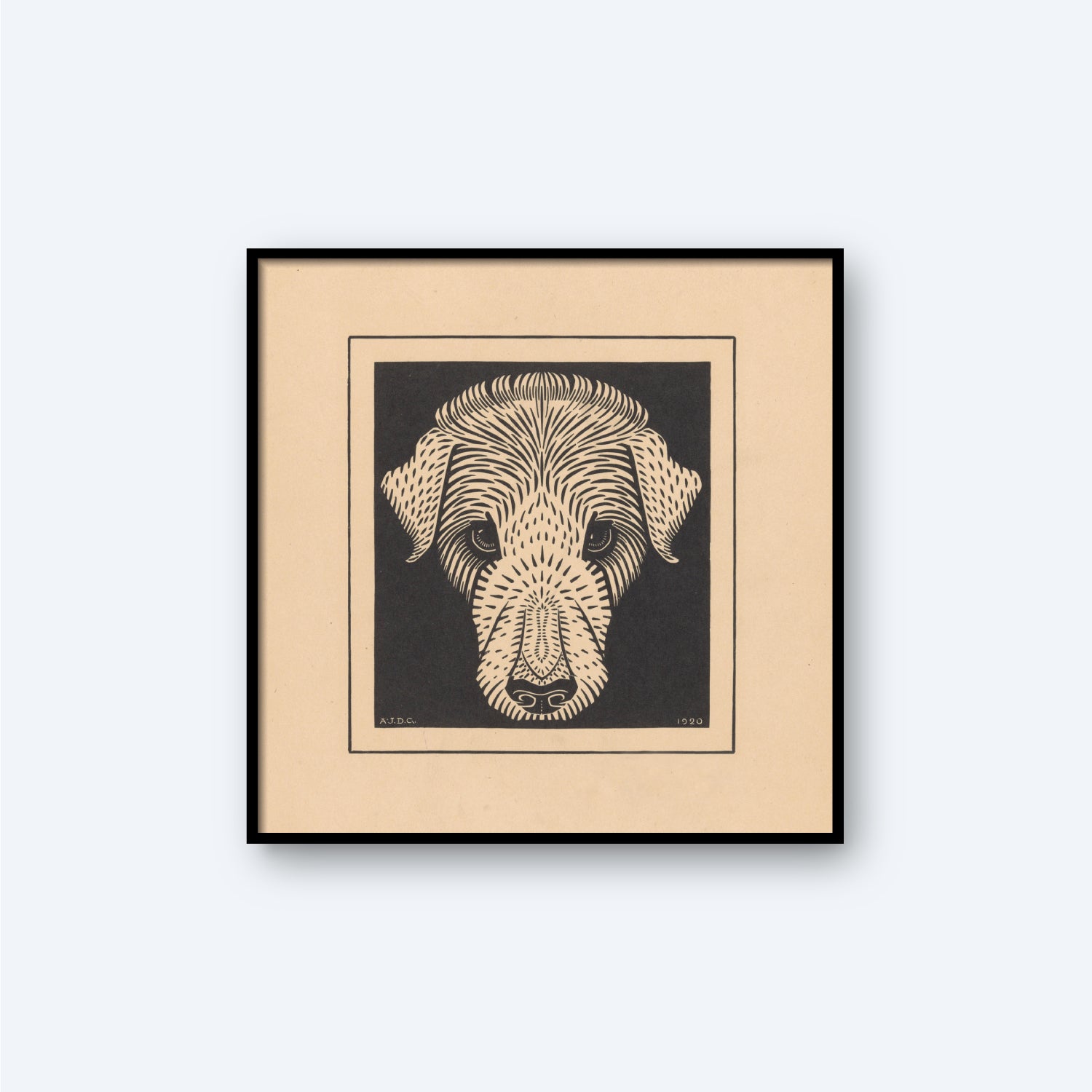 The Dog's Head by Julie de Graag Print is a framed artwork showcasing a stylized, black-and-white illustration of a dog's head. The textured, almost abstract appearance is achieved through intricate lines and shading, set against a light beige background that contrasts beautifully with the dark lines of this minimalist art piece.
