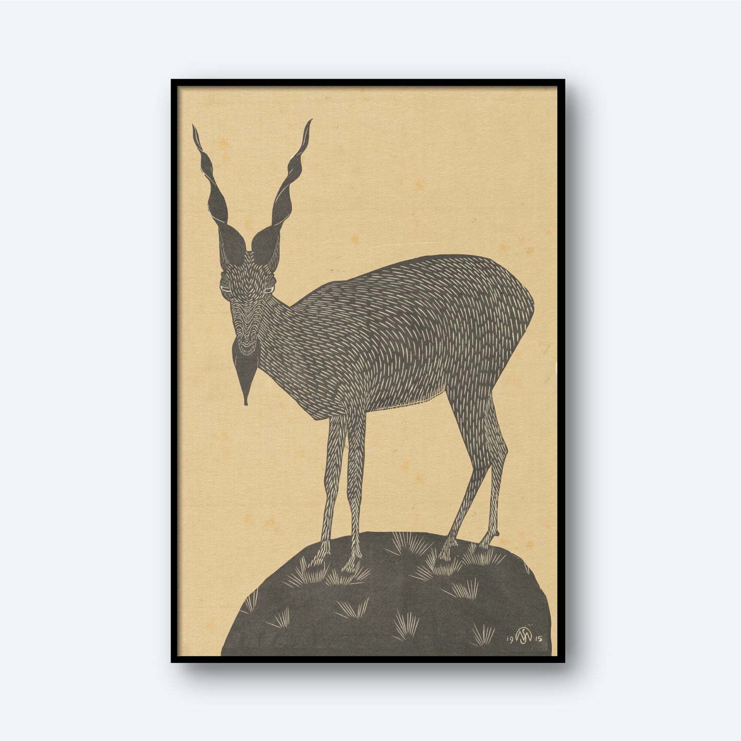 The "Markhorgeit" print by Samuel Jessurun de Mesquita showcases a stylized antelope, standing gracefully on a patch of grass. The antelope features elongated, twisted horns and black-and-white patterned fur, characteristic of de Mesquita's intricate designs. A muted beige background completes the Art Nouveau piece with a vintage feel.