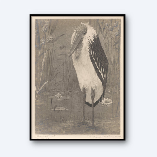 A framed, black and white sketch titled "Marabout" by Henri Verstijnen (1892 - 1931) features a tall bird standing in water with its head turned slightly downward. The water is adorned with lily pads and reeds, while another bird swims gracefully in the background. This vintage print captures the serene beauty characteristic of Verstijnen's works.