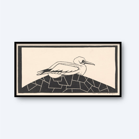 The Northern Gannet - Vintage Print by Samuel Jessurun de Mesquita features a framed black and white depiction of a Northern Gannet with a long beak and extended wings, perched on an abstract rock-like structure. The artwork showcases minimalist lines and a simple composition.