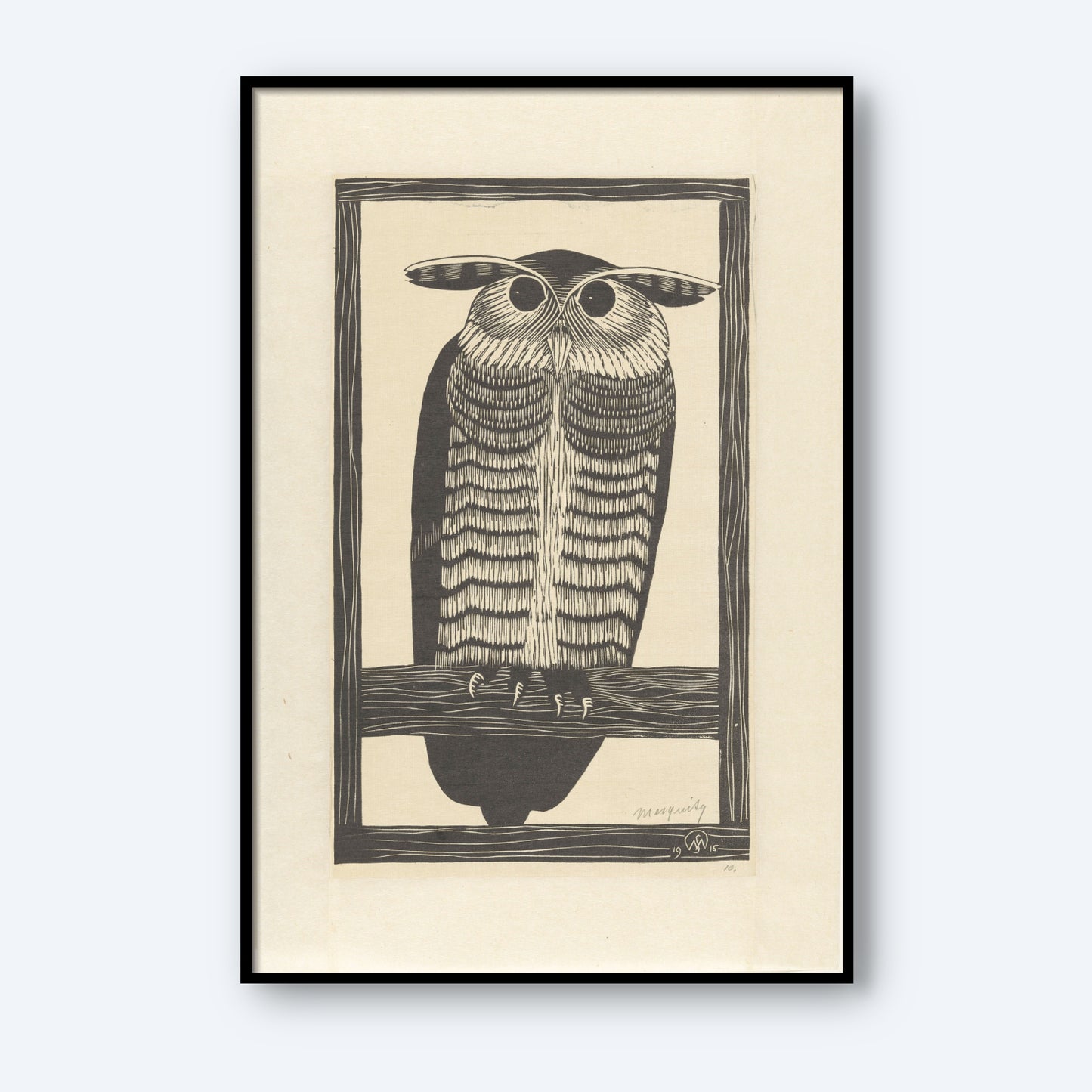 The "Horned Owl by Samuel Jessurun" framed vintage print showcases a stylized, black and white drawing of a horned owl perched on a branch. The owl boasts large eyes, distinct feather patterns, and elongated, horizontal ear tufts. Set against a plain background, this artwork creates a striking contrast reminiscent of Samuel Jessurun de Mesquita's iconic style.