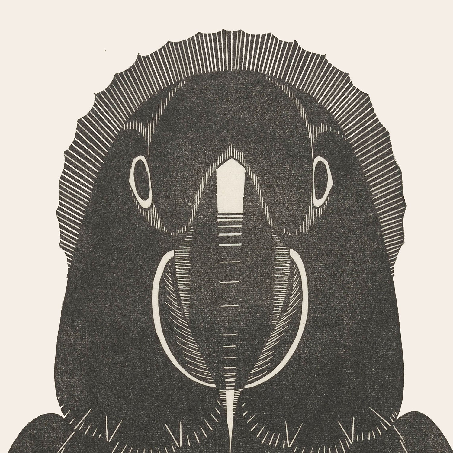A monochrome illustration titled "Ara by Samuel Jessurun | Vintage Print" showcases a parrotfish seen from the front. The artwork, reminiscent of Samuel Jessurun de Mesquita's style, features intricate line detailing and symmetrical shading that emphasize the fish's beak-like mouth and rounded head. This creates a stylized, almost abstract appearance that exudes a vintage wall art aesthetic.