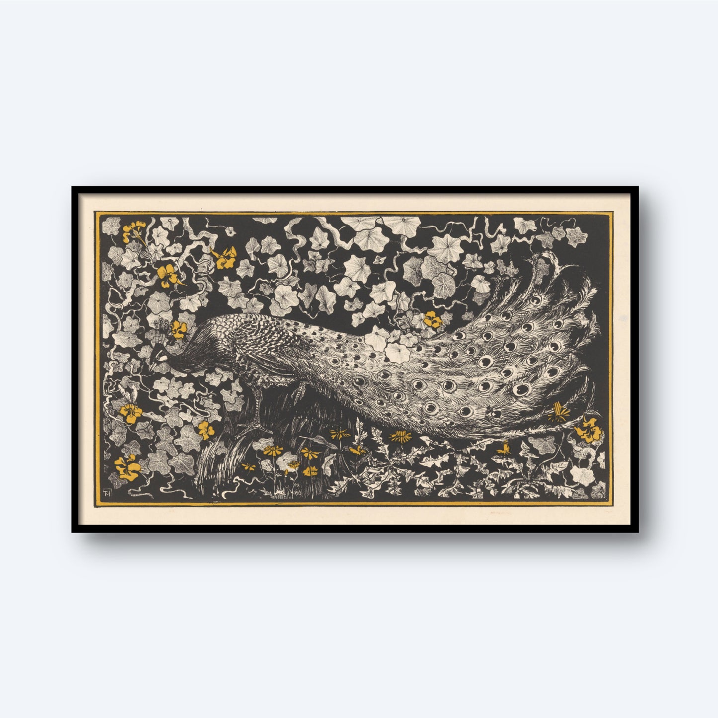 The framed rectangular artwork, Pauw by Theo van Hoytema, beautifully captures a horizontally positioned peacock against a background filled with intricate floral patterns. This vintage print features the peacock's feathers detailed in dark and light shades, while the flowers primarily showcase tones of black, white, and yellow.