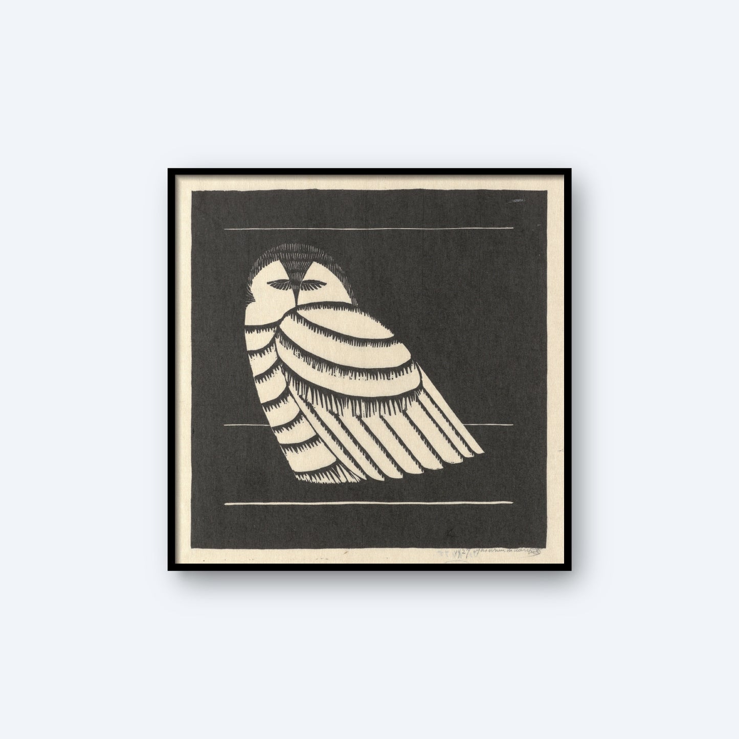 A black and white illustration titled "Snow Owl by Samuel Jessurun," depicts a stylized Snow Owl perched facing left. The design features bold, simple lines characteristic of vintage prints by Samuel Jessurun de Mesquita, set against a dark background and framed with a black border.