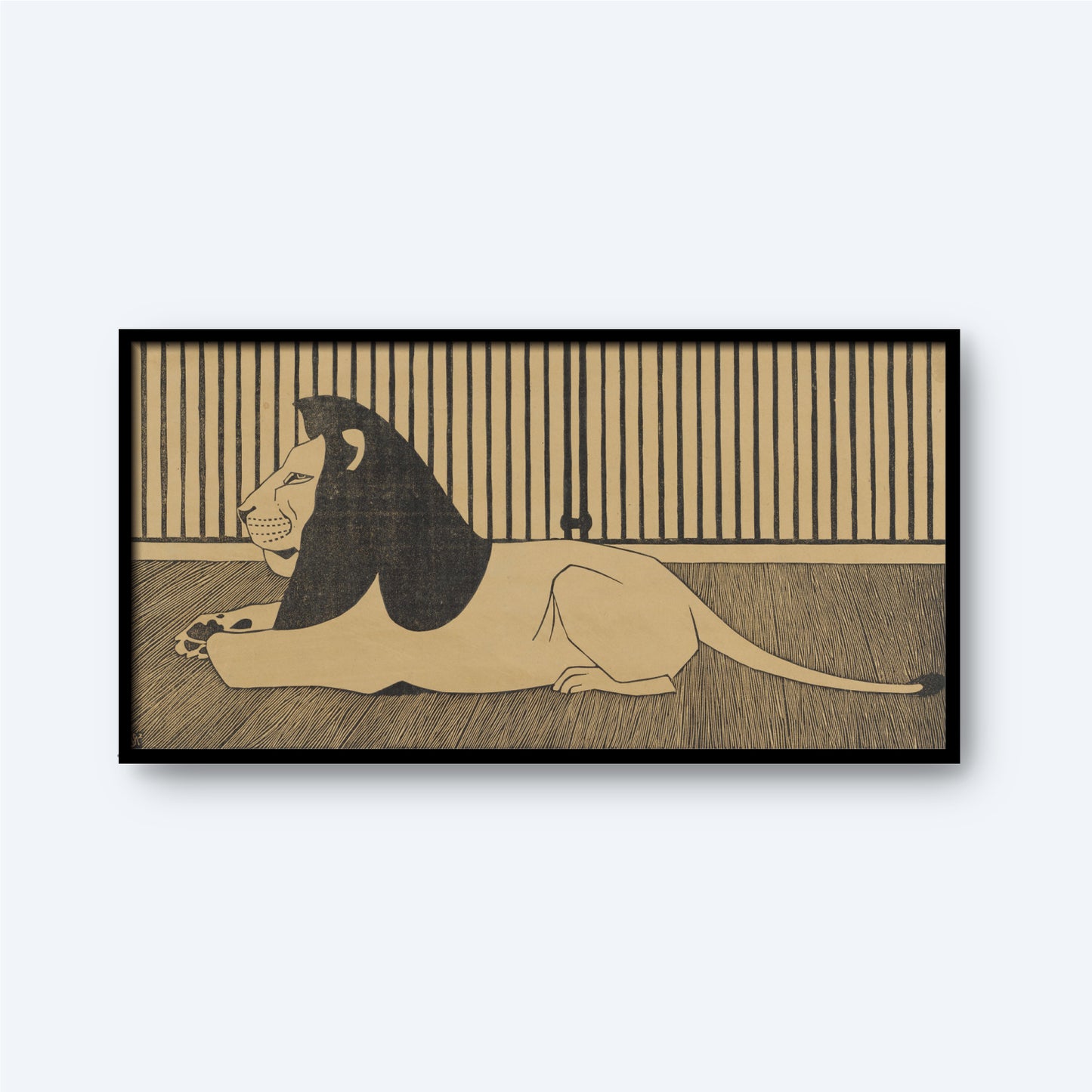 The "Lion by Samuel Jessurun de Mesquita Print" features a minimalist illustration of a lion with a dark mane laying on the ground inside a cage with vertical bars. Reminiscent of Dutch art, the drawing is framed in black, and the lion appears calm with its eyes closed against a beige background.