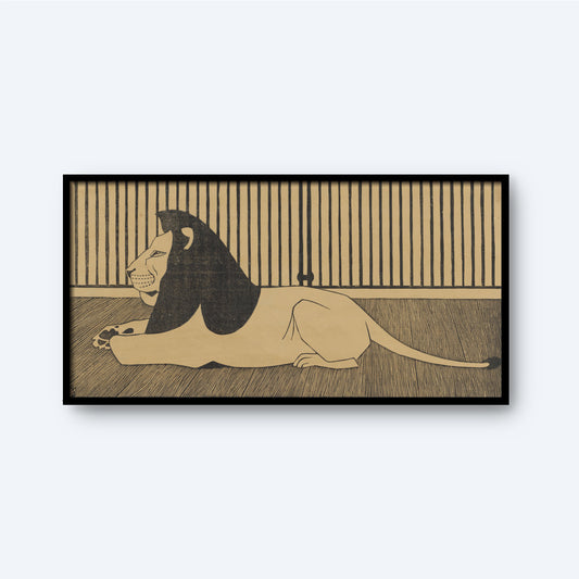 The "Lion by Samuel Jessurun de Mesquita Print" features a minimalist illustration of a lion with a dark mane laying on the ground inside a cage with vertical bars. Reminiscent of Dutch art, the drawing is framed in black, and the lion appears calm with its eyes closed against a beige background.