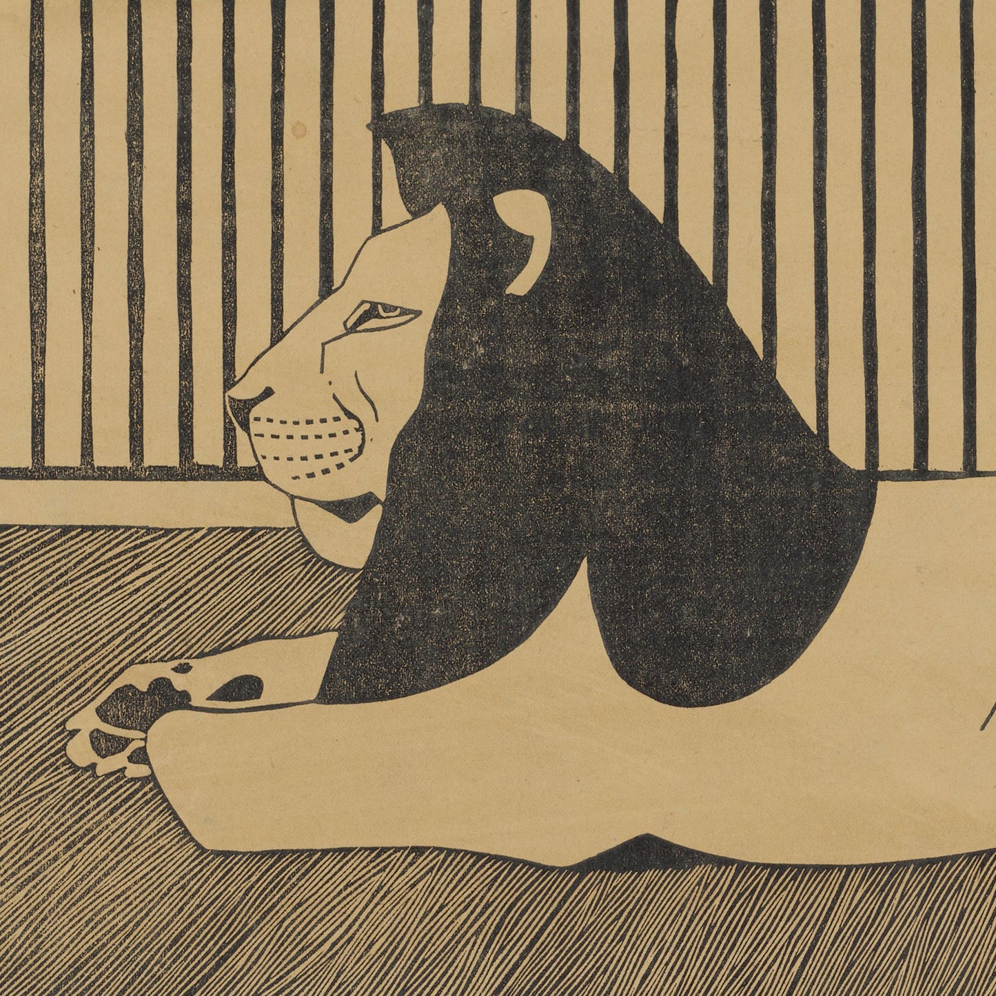 Introducing the "Lion by Samuel Jessurun de Mesquita Print" – a monochrome masterpiece showcasing a lion with a flowing mane, relaxing against a backdrop of vertical black lines reminiscent of bars. Rendered in a minimalist style with bold, simple shapes and lines, this elegant artwork is perfect for admirers of sophisticated animal prints.