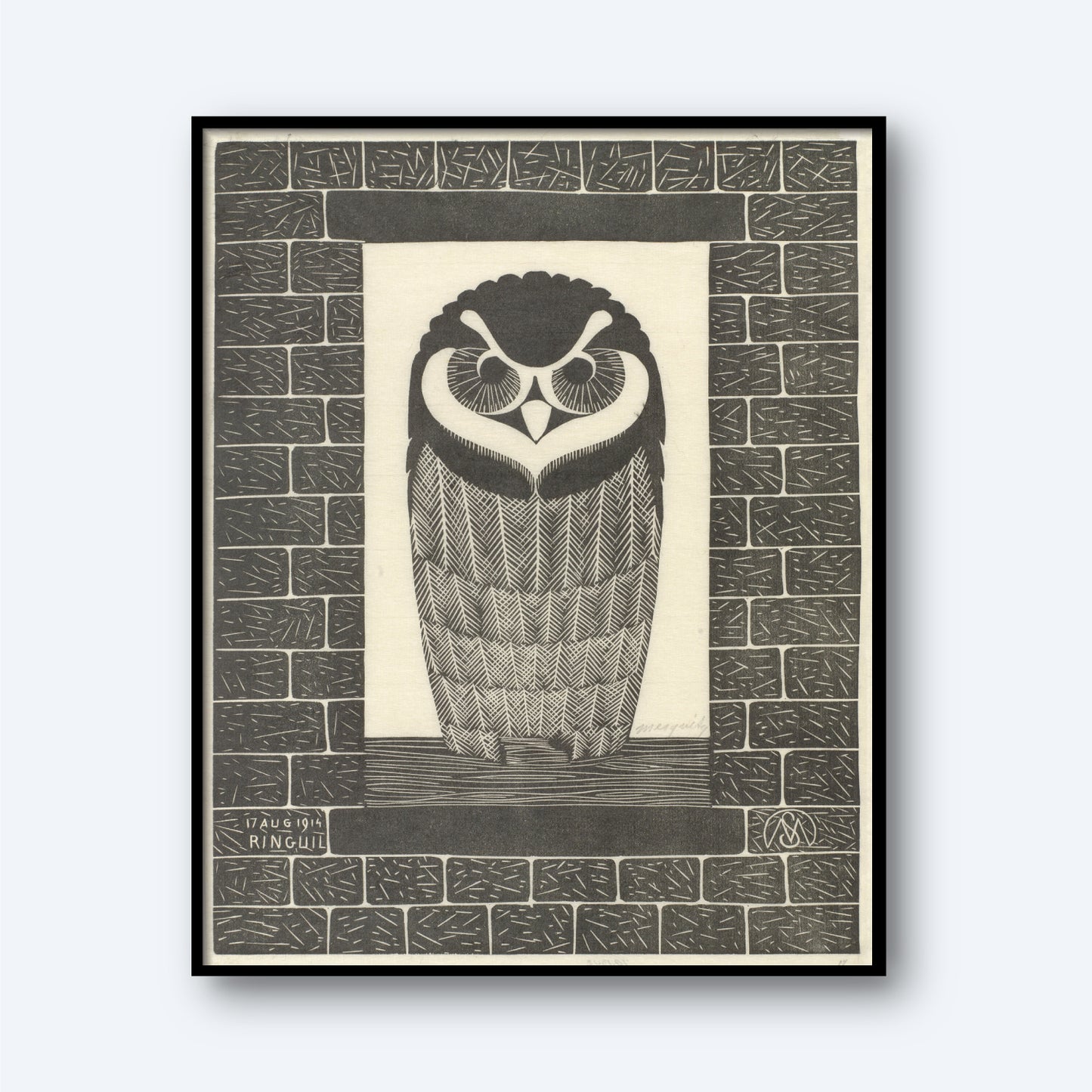 Ring Owl by Samuel Jessurun is a black and white artwork depicting an owl framed within a rectangular brick archway, reminiscent of vintage prints. The owl, adorned with intricate patterns on its feathers and surrounded by abstract lines, captures the classic style of Samuel Jessurun de Mesquita. The artist's signature is visible in the bottom left corner.