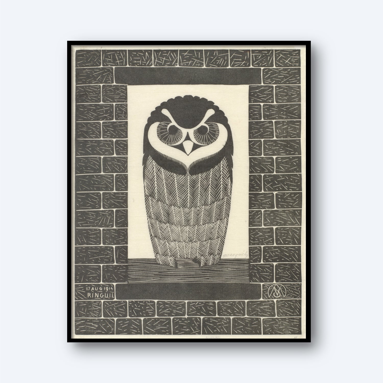 Ring Owl by Samuel Jessurun is a black and white artwork depicting an owl framed within a rectangular brick archway, reminiscent of vintage prints. The owl, adorned with intricate patterns on its feathers and surrounded by abstract lines, captures the classic style of Samuel Jessurun de Mesquita. The artist's signature is visible in the bottom left corner.