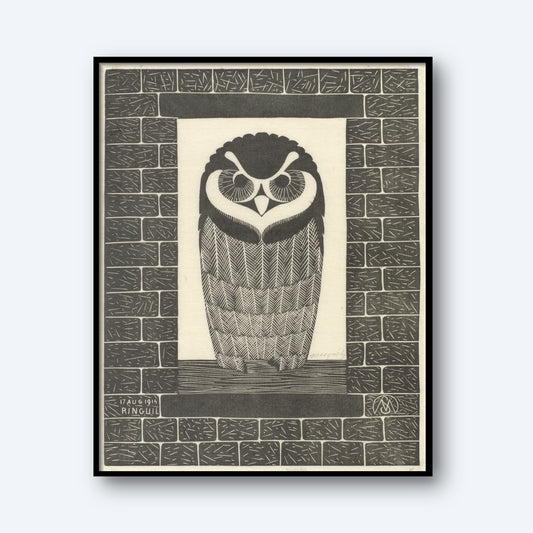 Ring Owl by Samuel Jessurun is a black and white artwork depicting an owl framed within a rectangular brick archway, reminiscent of vintage prints. The owl, adorned with intricate patterns on its feathers and surrounded by abstract lines, captures the classic style of Samuel Jessurun de Mesquita. The artist's signature is visible in the bottom left corner.