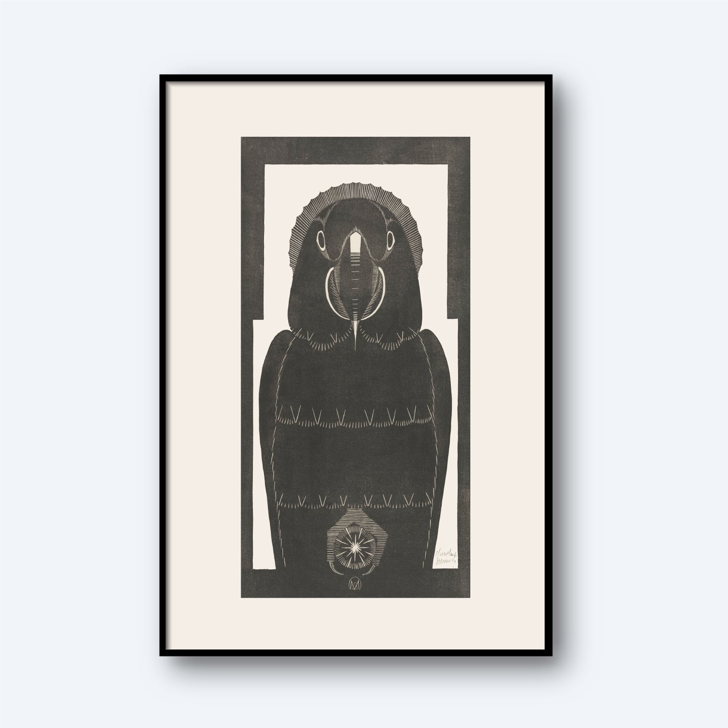 The "Ara by Samuel Jessurun | Vintage Print" features a black and white line drawing of a parrot, framed in black with a white mat. The forward-facing Ara parrot showcases intricate patterns and textures in its feathers against a plain white background, emphasizing its detailed design reminiscent of Samuel Jessurun de Mesquita's vintage wall art style.