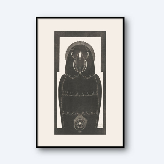 The "Ara by Samuel Jessurun | Vintage Print" features a black and white line drawing of a parrot, framed in black with a white mat. The forward-facing Ara parrot showcases intricate patterns and textures in its feathers against a plain white background, emphasizing its detailed design reminiscent of Samuel Jessurun de Mesquita's vintage wall art style.