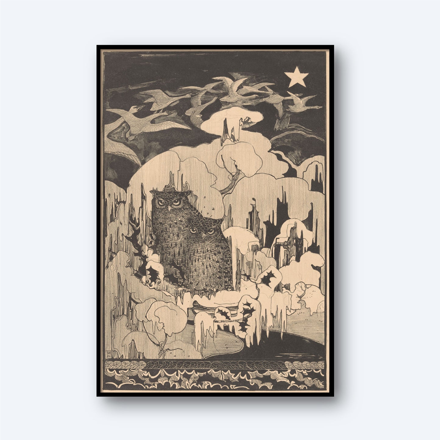 A monochromatic illustration showcases a rugged mountain landscape with jagged cliffs beneath a sky of swirling clouds. Birds swoop near the cliffs, evoking the style of the "Owls at Winter by Theo Van Hoytema - Vintage Print," and a bright star gleams in the upper right corner, standing out against the darker shades.