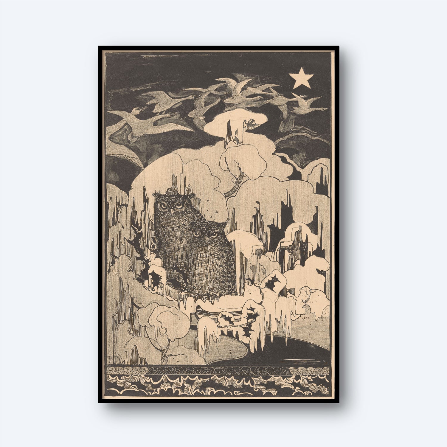 A monochromatic illustration showcases a rugged mountain landscape with jagged cliffs beneath a sky of swirling clouds. Birds swoop near the cliffs, evoking the style of the "Owls at Winter by Theo Van Hoytema - Vintage Print," and a bright star gleams in the upper right corner, standing out against the darker shades.