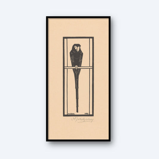 The "Ara by Julie De Graag | Vintage Print" is a framed piece showcasing a stylized, monochromatic illustration of an owl perched on a branch. This artwork, dated "1911" and signed by the artist, stands out against a beige background with a black border, embodying a simple and minimalist design.