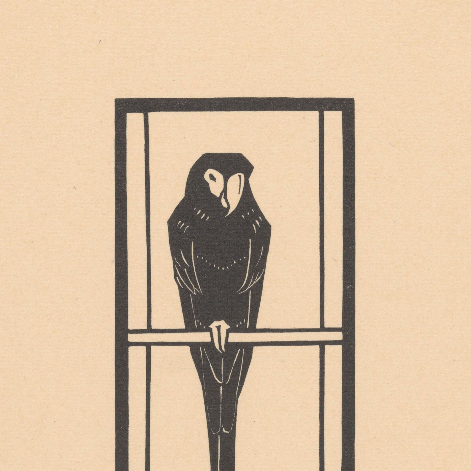 This vintage print, titled "Ara by Julie De Graag," features a black and white minimalist illustration of an "Ara" parrot perched on a horizontal bar inside a rectangular frame, set against a beige background. The parrot’s head is turned slightly to one side, showcasing a clear side profile that is reminiscent of Julie De Graag's artwork. It's the perfect piece for vibrant wall decor.