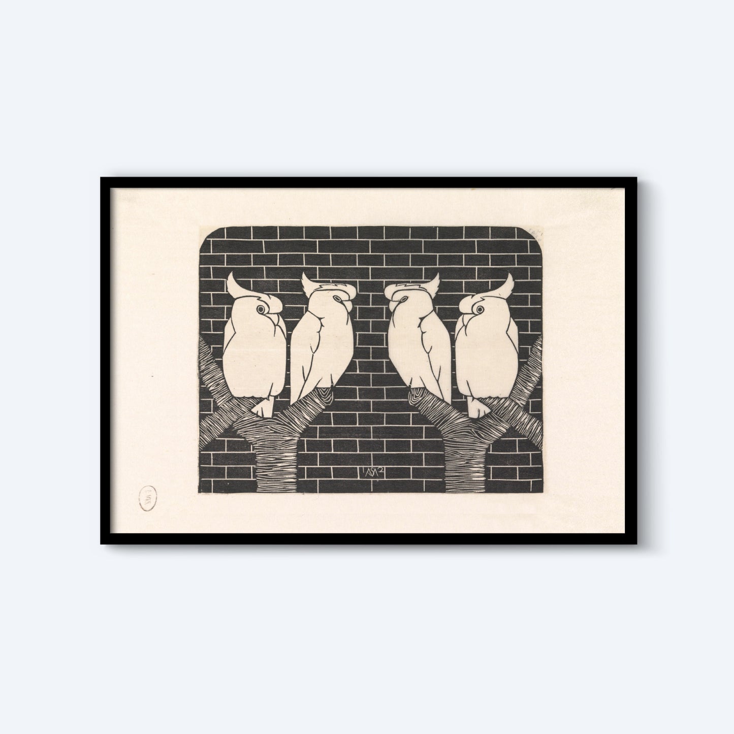 Framed wall art titled "Four Crown Shelter Heavy by Samuel Jessurun de Mesquita." This vintage print depicts four stylized white birds with tufted crests perched on tree branches against a dark brick wall background, featuring simple lines and contrasting shapes that create a minimalist and elegant effect.