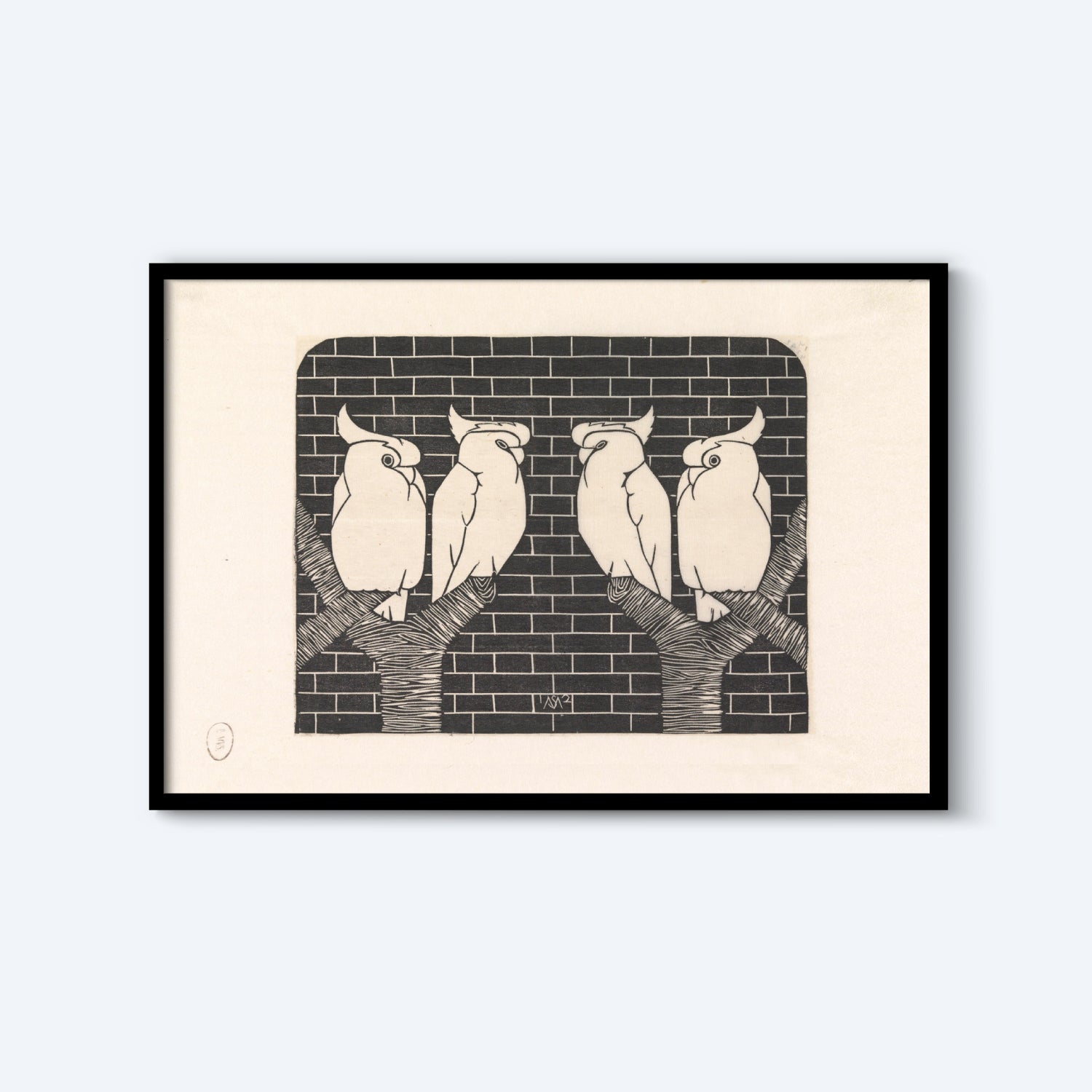 Framed wall art titled "Four Crown Shelter Heavy by Samuel Jessurun de Mesquita." This vintage print depicts four stylized white birds with tufted crests perched on tree branches against a dark brick wall background, featuring simple lines and contrasting shapes that create a minimalist and elegant effect.