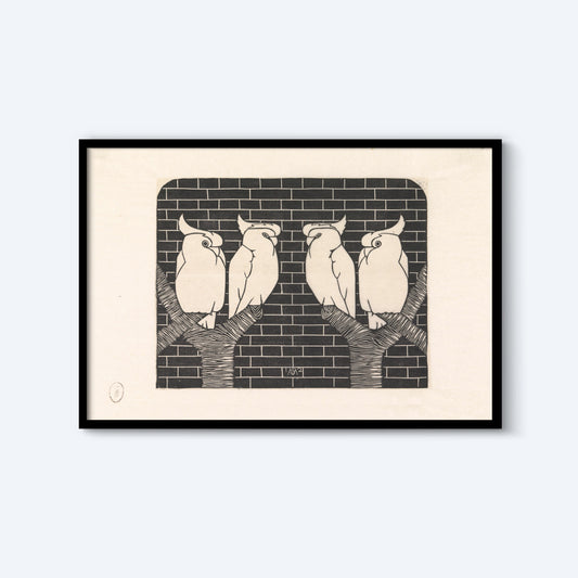 Framed wall art titled "Four Crown Shelter Heavy by Samuel Jessurun de Mesquita." This vintage print depicts four stylized white birds with tufted crests perched on tree branches against a dark brick wall background, featuring simple lines and contrasting shapes that create a minimalist and elegant effect.