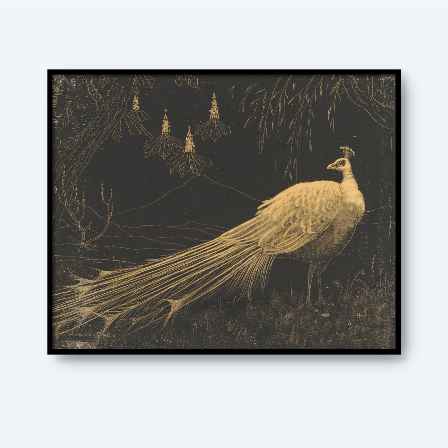 The Pauw Vintage print by Theo Van Hoytema - 1895 showcases a graceful peacock standing amidst elegant foliage, rendered in intricate detail against a dark background. The bird's long and flowing tail feathers are beautifully depicted, while hanging flowers and delicate branches frame the serene scene, making it luxurious wall art.