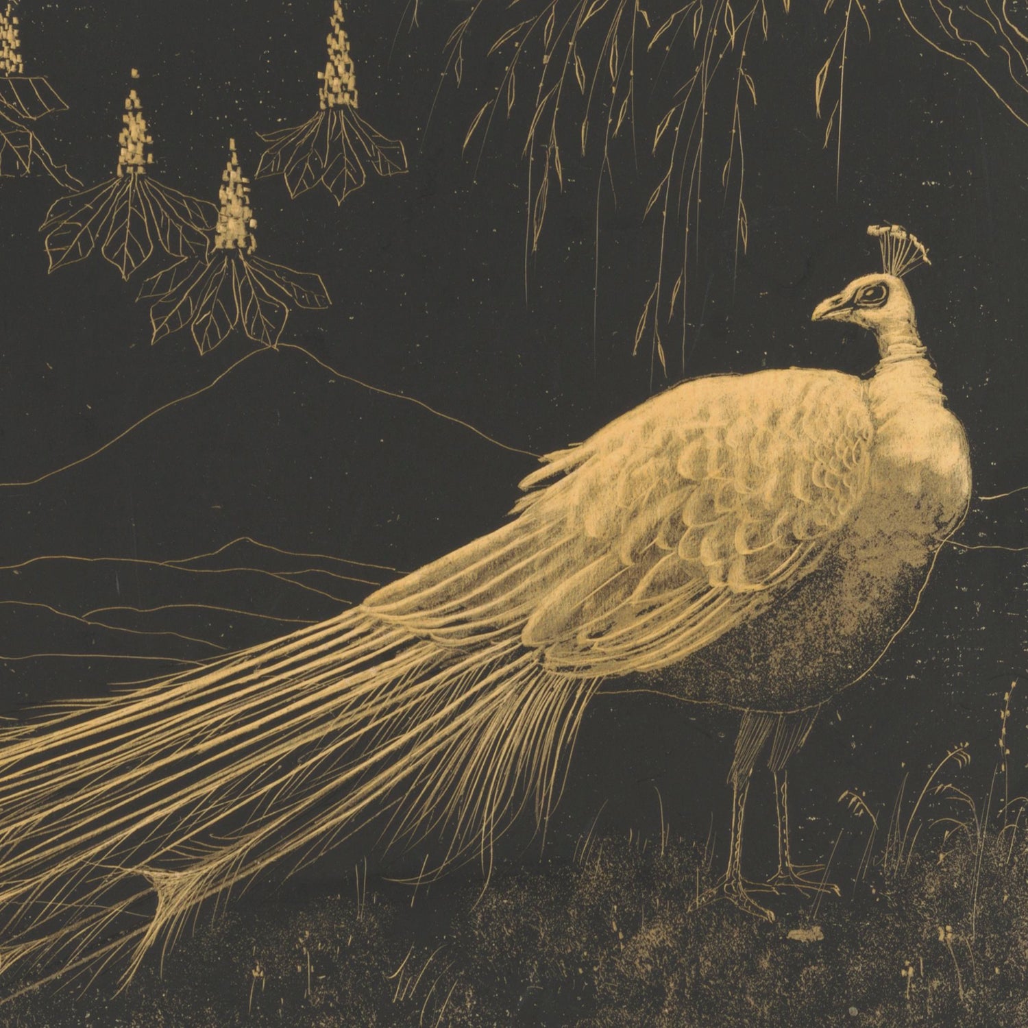 This luxurious wall art, titled "Pauw Vintage print by Theo Van Hoytema - 1895," features a detailed drawing of a peacock with an expansive, richly feathered tail against a dark background. The upper left showcases clustered floral elements resembling fritillaries. With golden tones on black, this piece exudes vintage aesthetics and echoes the elegance characteristic of Hoytema's work.