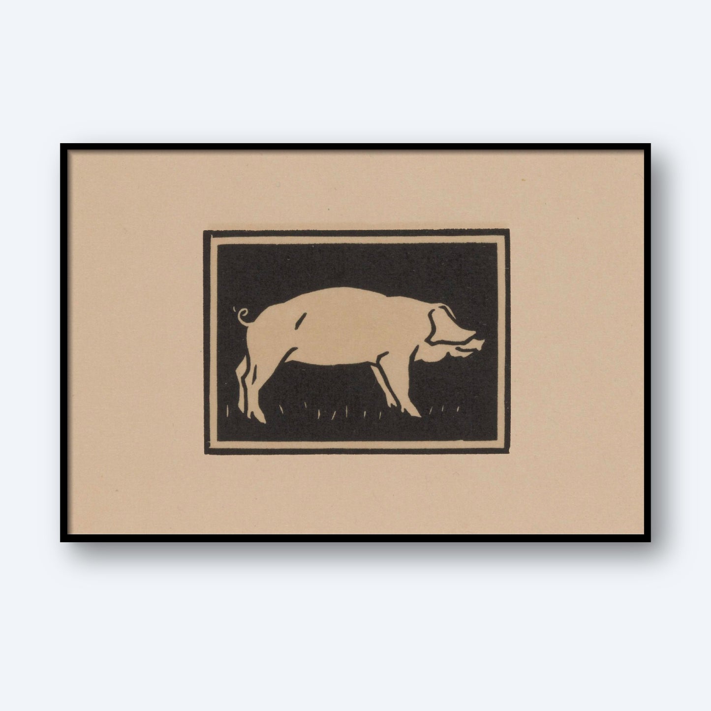The "Neither by Julie de Graag Print" showcases a minimalist illustration reminiscent of early 20th-century printmaking, featuring a pig standing on grass within a rectangular frame. Rendered in black and beige tones, the artwork highlights the pig's silhouette against the plain background, embodying Julie de Graag's signature minimalist style.